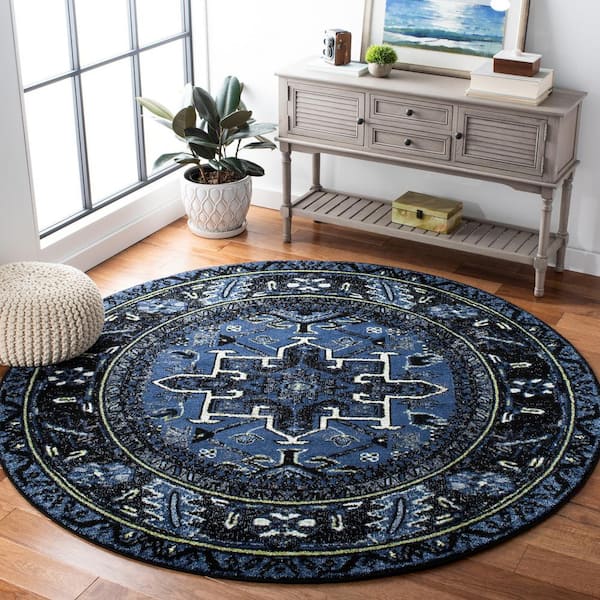 Vintage Hamadan Blue/Gray 3 ft. x 3 ft. Floral Border Round Area Rug