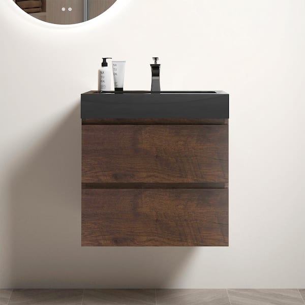 NOBLE 24 in. W x 18 in. D x 25 in. H Single Sink Floating Bath Vanity in Wood with Black Solid Surface Integral Top