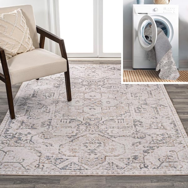 JONATHAN Y Edith Cream/Light Gray 3 ft. x 5 ft. Distressed Medallion Low-Pile Machine-Washable Area Rug