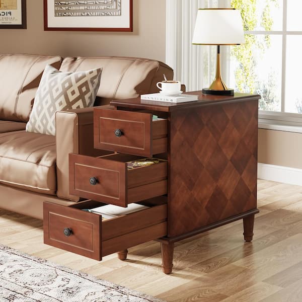 Calvin 11.81 in. W Fully Assembled Narrow Brown Wood End Side Table 3 Drawers Nightstand Bedside Table Small Spaces