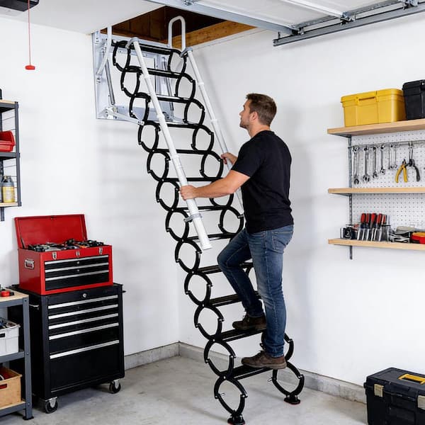Justincity Wall Mounted Folding Attic Ladder with Handrails