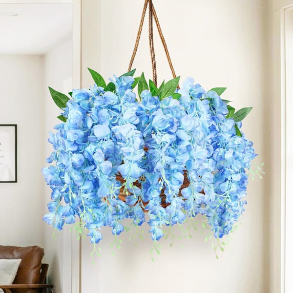LIVING LUXURY 30 in. Blue Artificial Wisteria Flower Stem Hanging
