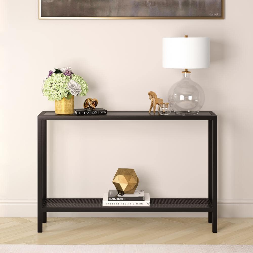 Evelyn&Zoe 46" Blackened Bronze Metal & Glass Console Table with Storage