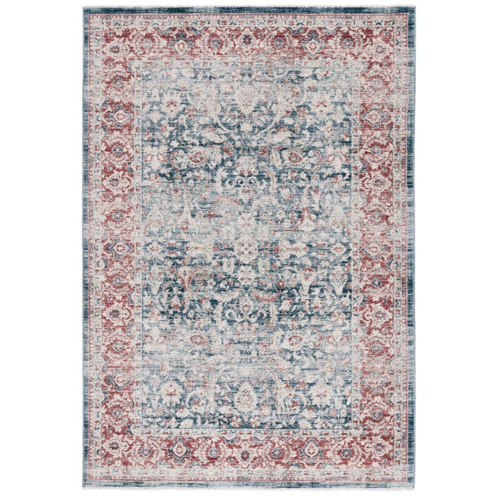 Blue and Rust Hand-Knotted Rectangular Synthetic Area Rug
