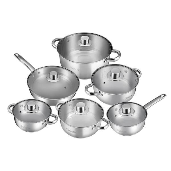 BergHOFF Belly Shape 18/10 Stainless Steel 12Pc Cookware Set, Glass Lids,  Fast, Evenly Heat, Induction Cooktop Ready