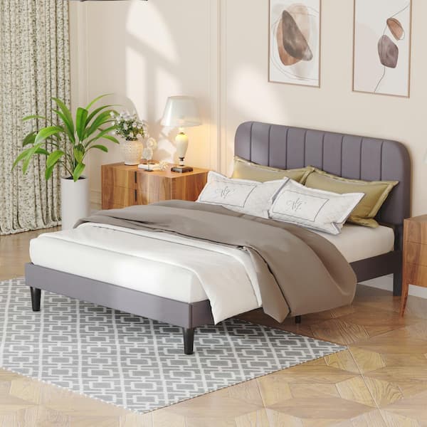 VECELO Upholstered Bed Frame Gray Metal Frame Full Platform Bed 
