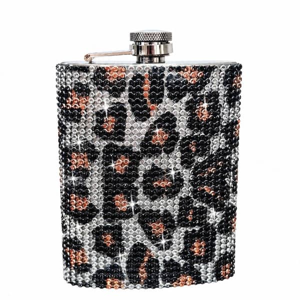 8 oz. Gold Leopard-Print Rhinestone Hip Flask for Women Leakproof with Stainless Steel Funnel Included