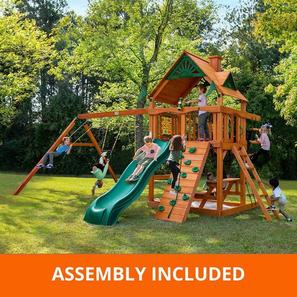 Professionally Assembled Chateau Kids Outdoor Playground Set with Slide, Sandbox, Rock Wall, Swing Set, Playground eqpt