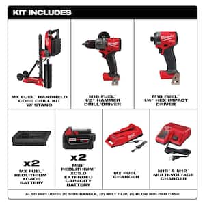 MX FUEL Lithium-Ion Cordless Handheld Core Drill Kit with Stand with M18 FUEL Hammer Drill and Impact Driver Combo Kit