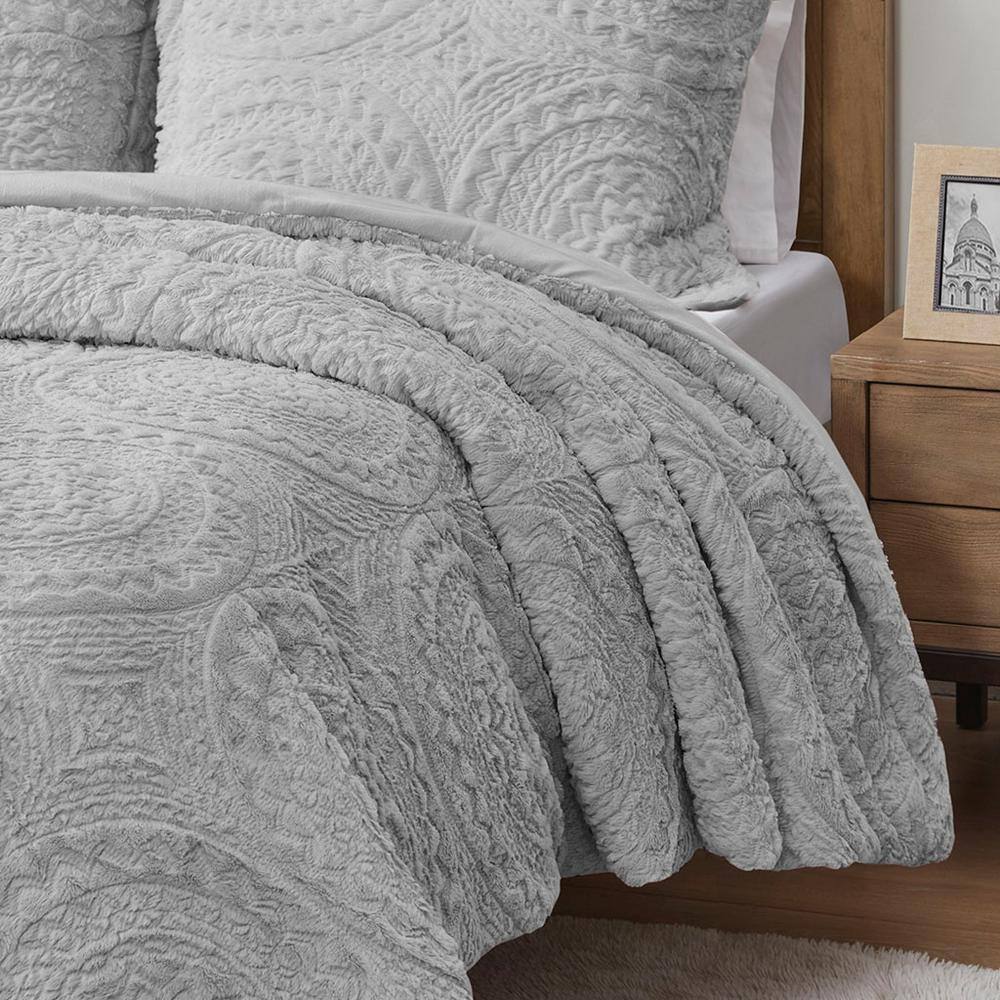Gray King Faux Fur Reversible Bedspread Set