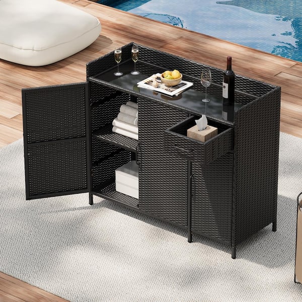 Zeus & Ruta 47.5 in. W Black Wicker Outdoor Grill Cart with Tempered Glass Desktop, Three Doors, Adjustable Shelf, and One Drawer
