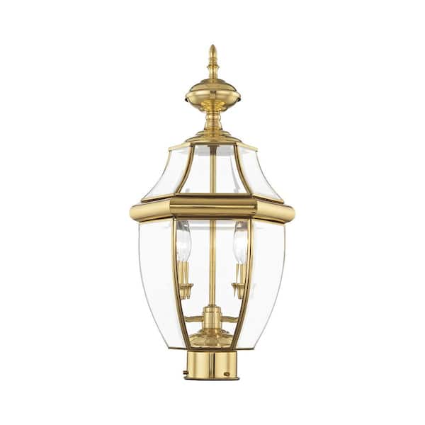 Aston 21 in. 2-Light Polished Brass Cast Brass Hardwired Outdoor Rust Resistant Post Light with No Bulbs Included
