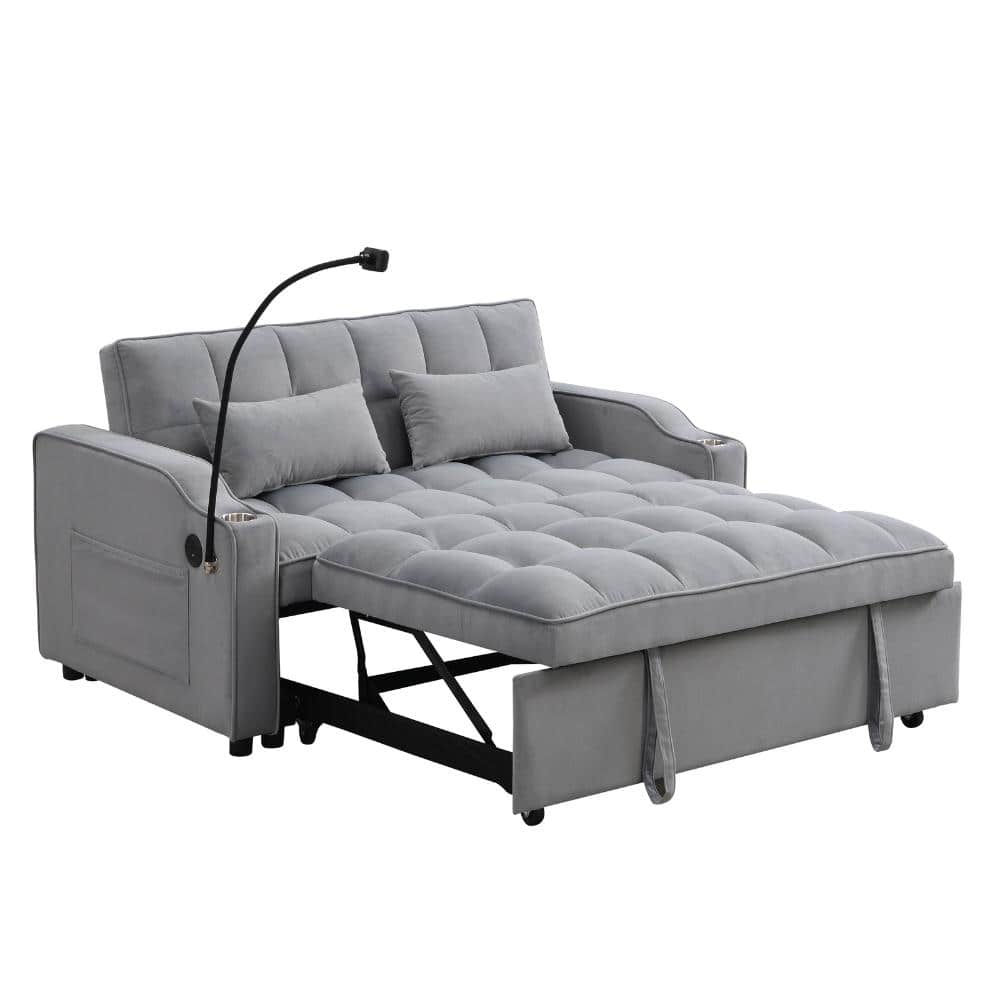 70.2 in. Light Gray Velvet Full Size Sofa Bed with Pullout Sleeper, USB Ports durable construction