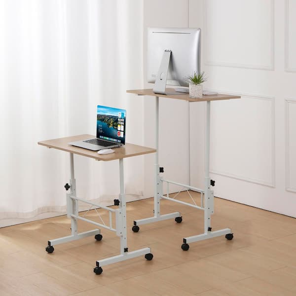 Adjustable Small Standing 31.5 in. W Computer Desk with Wheels – Mobile Laptop Table for Home Office Brown