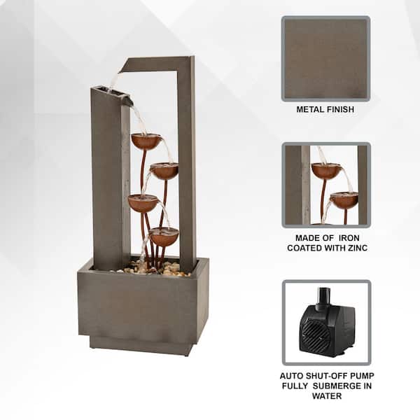 Metal Sculptural Multi-Tiered Flower Water Fountain, Gray and Bronze, 38 in. Tall