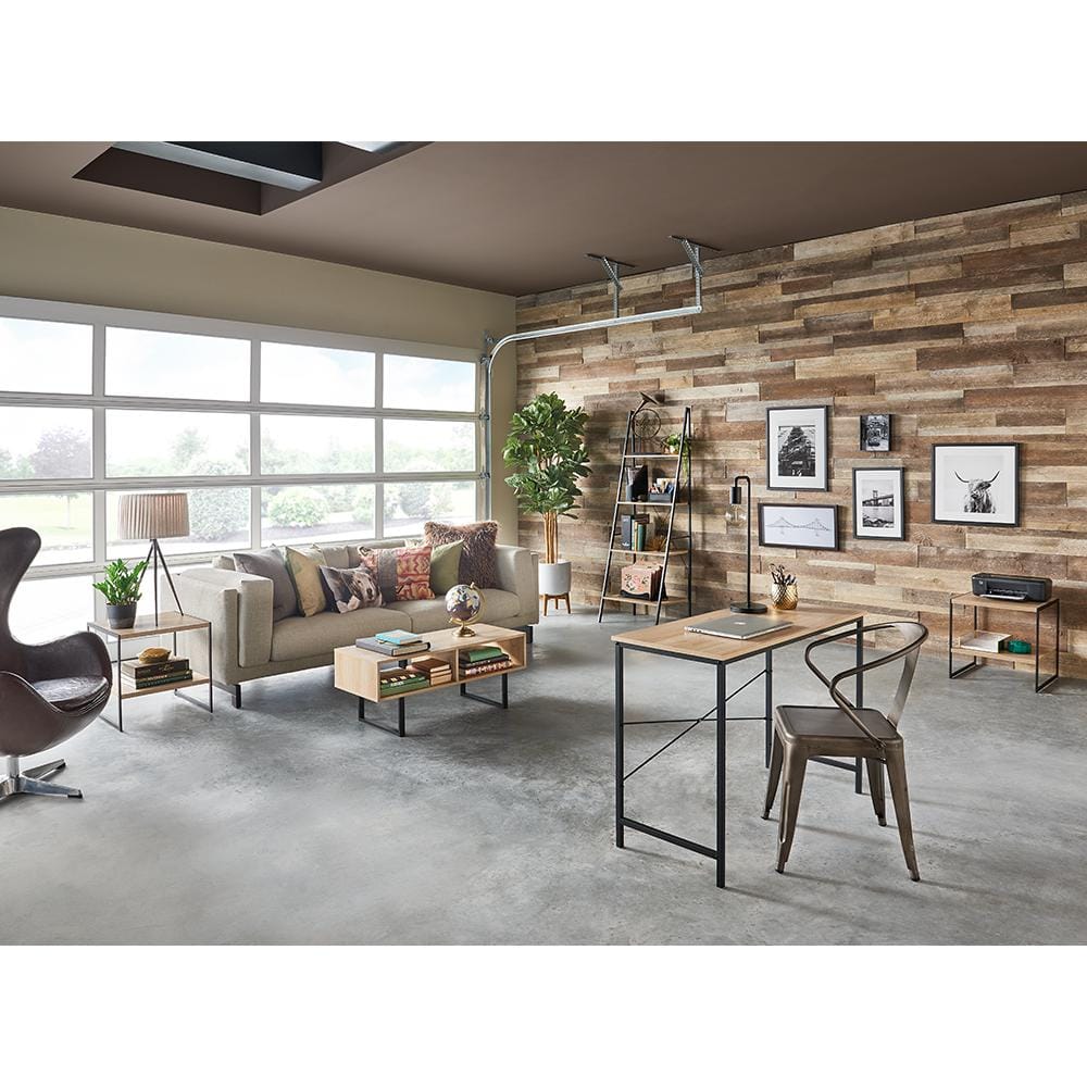 Natural MDF Rectangular Coffee Table with Black Metal Sled Base and Storage