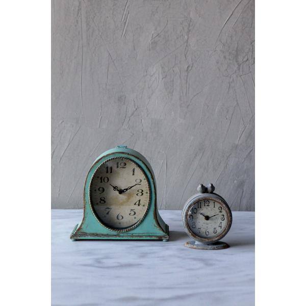 Distressed Aqua Metal Mantel Clock with Wooden Base