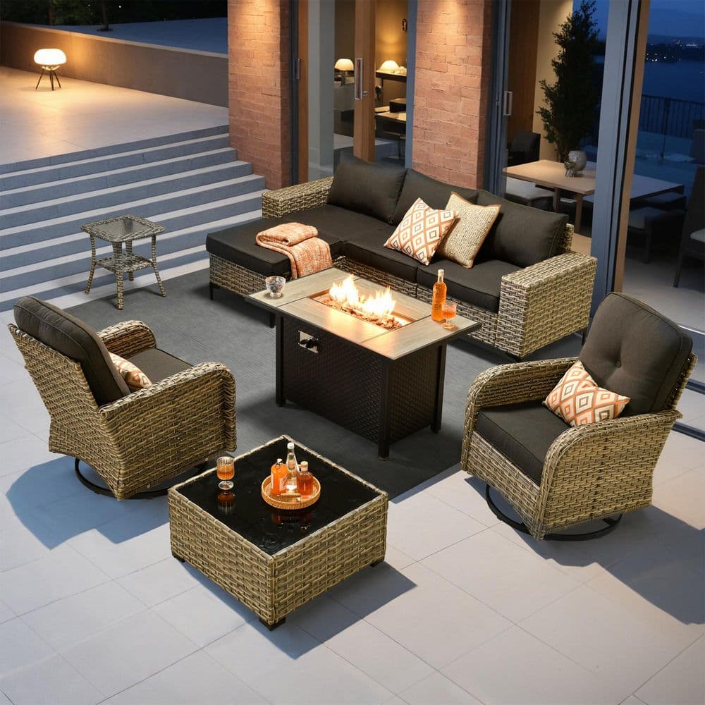 Puro 9 Pieces Wicker Outdoor Patio Rectangular Fire Pit Set and Swivel Rocking Chairs with Black Cushions