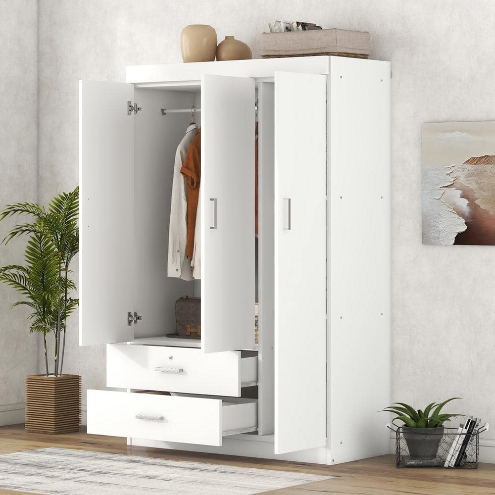 Nestfair 3-Door White Wood 41.3 in. W Wardrobe with 2 Drawers