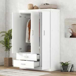 3-Door White Wood 41.3 in. W Wardrobe with 2 Drawers