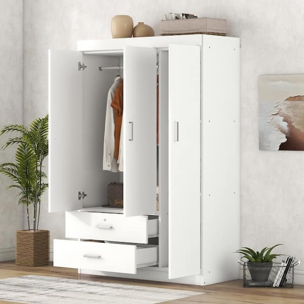 Nestfair 3-Door White Wood 41.3 in. W Wardrobe with 2 Drawers