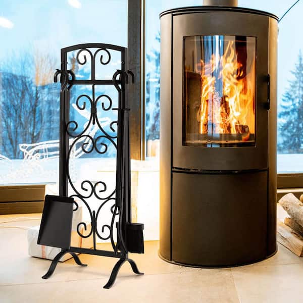 5-Pieces Fireplace Iron Standing Tools Set with Heavy Crook Handles