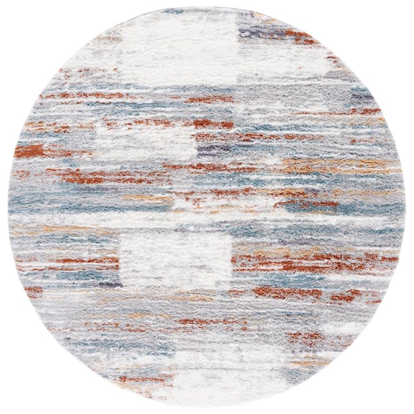 SAFAVIEH Berber Shag Blue Rust/Ivory 7 ft. x 7 ft. Distressed Round Area Rug