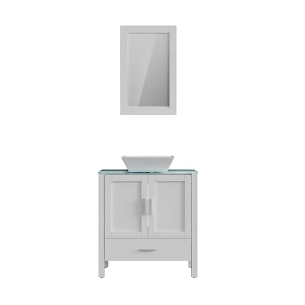 Unbranded 30 in. W x 18 in. D x 36 in. H Single Sink Freestanding Bath Vanity in White with Green Tempered Glass Top and Mirror