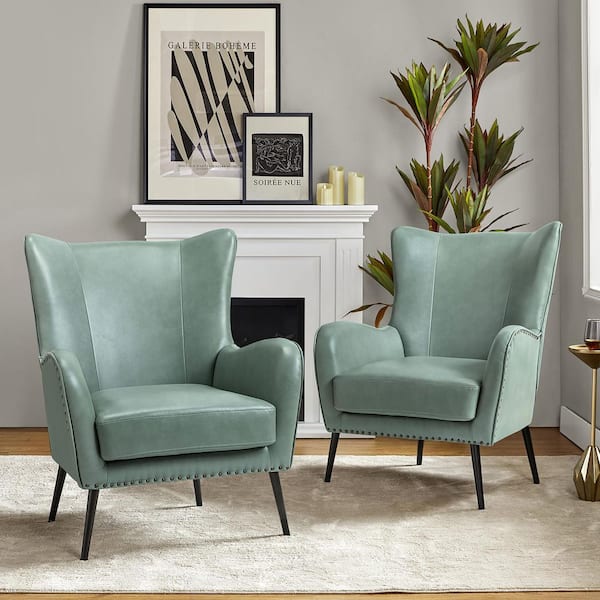 Harpocrates Modern Sage Wooden Upholstered Nailhead Trims Armchair With Metal Legs Set of 2