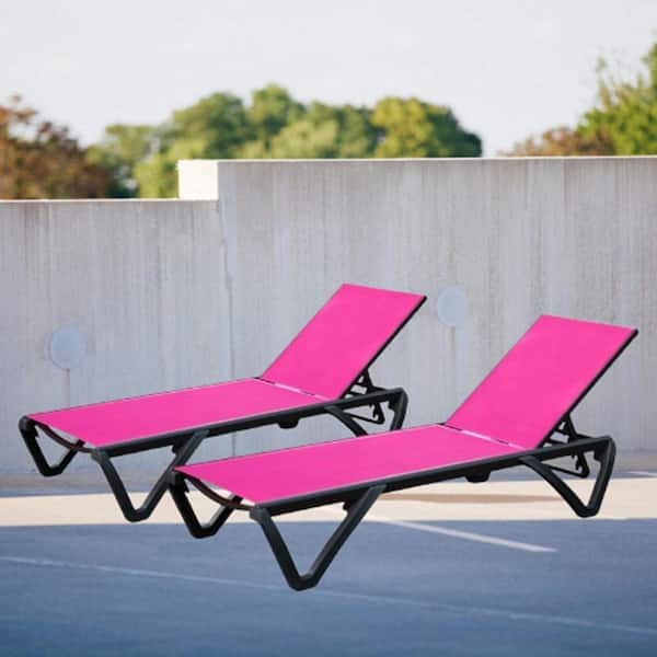 Oyezvary 2-Piece Modern Aluminum Outdoor Patio Chaise Lounge Polypropylene Chair with 5 Adjustable Backrest Positions in Pink