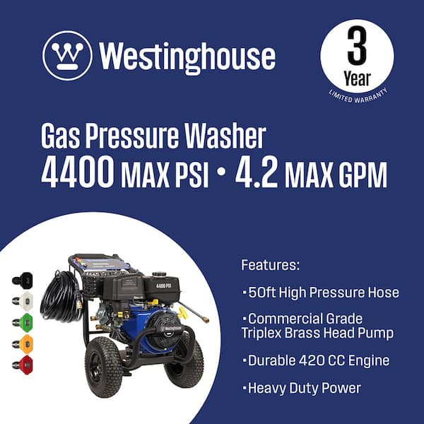4400 PSI 4.2 GPM 420cc Gas Powered Triplex Pump Cold Water Pressure Washer with 5-Quick Connect Nozzles