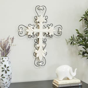 Wood White Carved Cross Cross Wall Decor with Metal Scrollwork