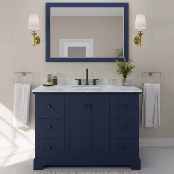 Wyndham Collection Avery 48 in. W x 22 in. D x 35 in. H Single Bath Vanity in Dark Blue with White Carrara Marble Top