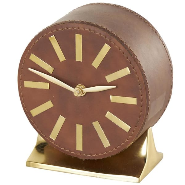 Litton Lane Brown Faux Leather Round Clock with Gold Rectangular Base