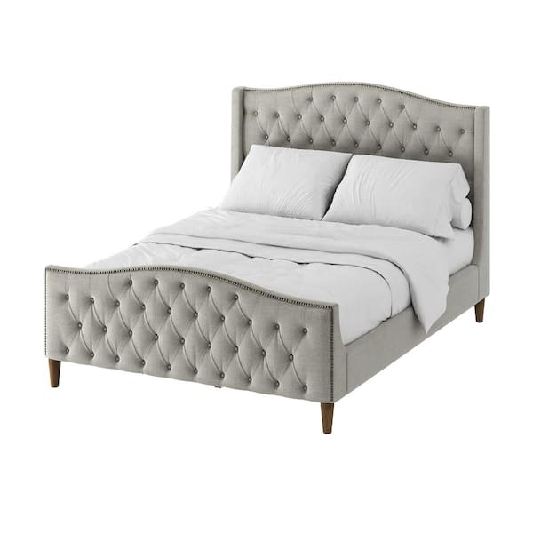 JAYDEN CREATION Edmund Gray Wood 87 in. Wx64.6 in. Dx52.5 in. H Tufted Frame Upholstered Queen Platform Bed with Nailhead Trim Design