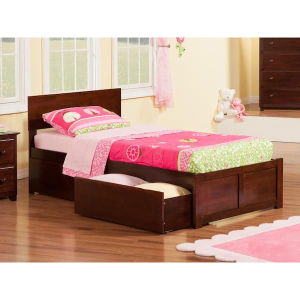 Orlando Walnut Twin Platform Bed with Flat Panel Foot Board and 2 Urban Bed Drawers