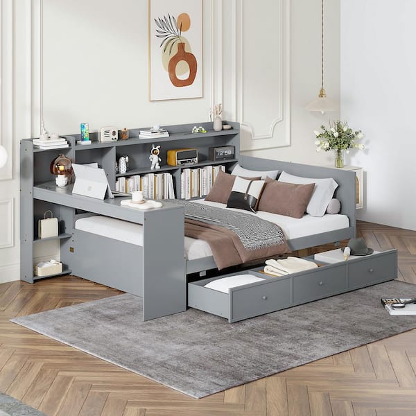 Harper & Bright Designs Gray Full Size Daybed with Built-In Desk, USB Ports, Storage Shelves and Drawers