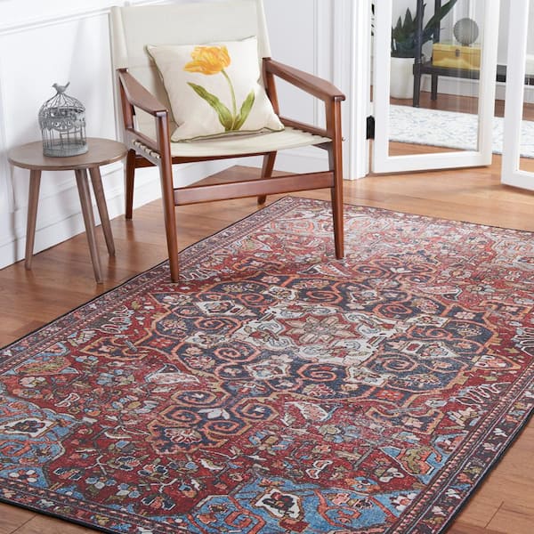 Tuscon Red/Blue 6 ft. x 9 ft. Machine Washable Floral Medallion Border Area Rug