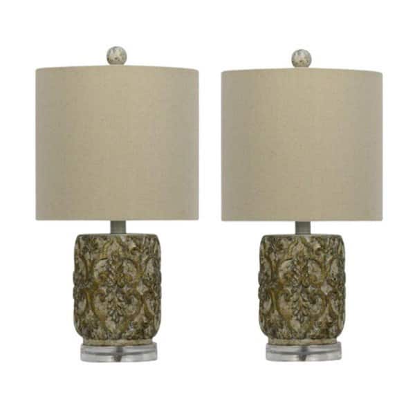 Pair of 19 in. Antique Gold/Cream Cast Deco Design Column Table Lamps with Designer Shades