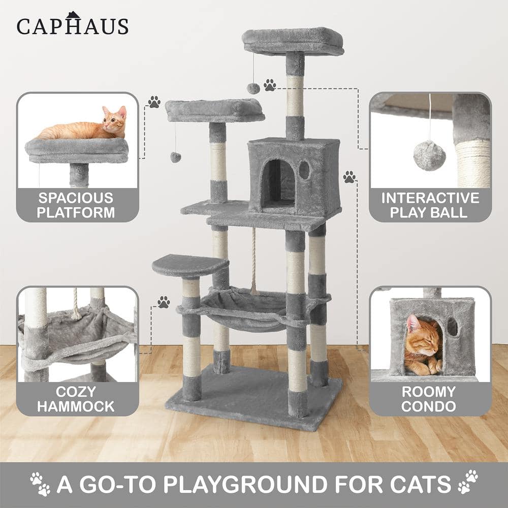 58-Inch Light Grey Multi-Level Cat Activity Tree with Sisal Posts