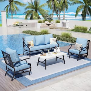 Metal 5 Seat 4-Piece Steel Outdoor Patio Conversation Set With Rocking Chairs,Blue Cushions and Marble Pattern Table