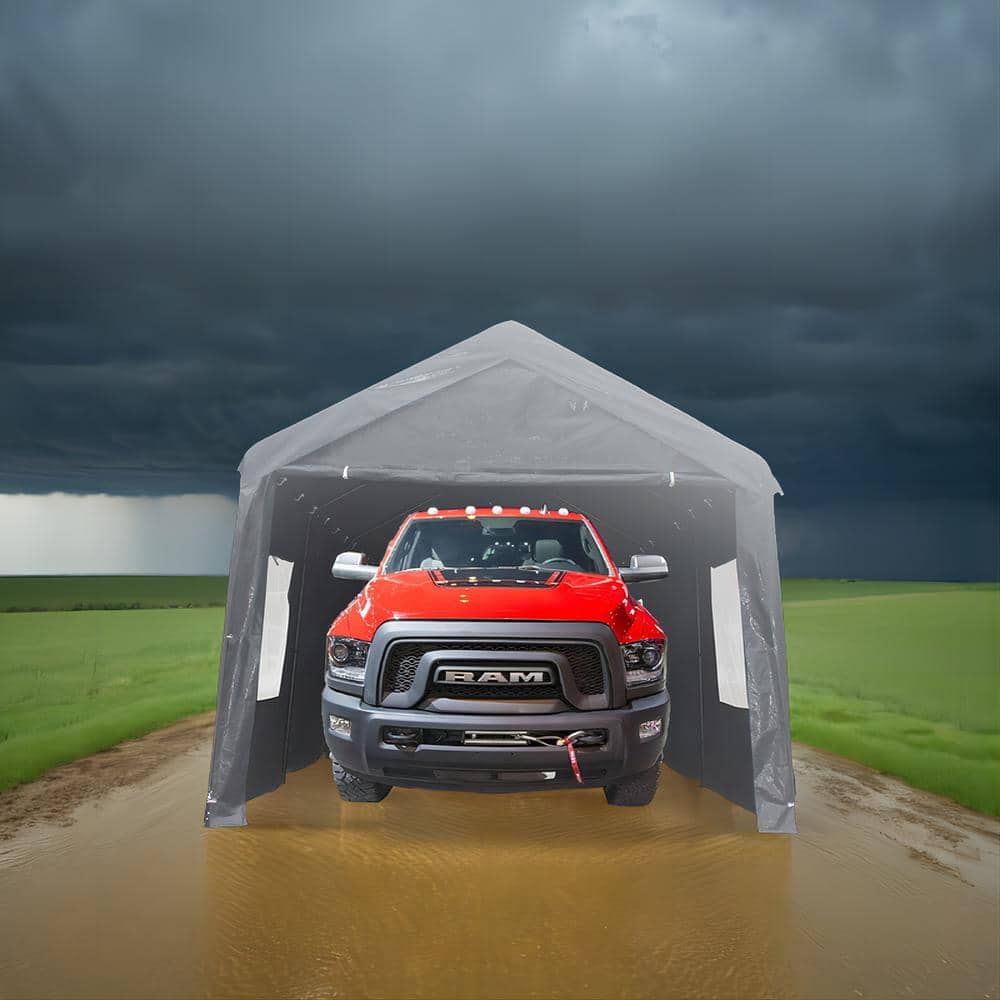 Gray 10' x 20' Portable Metal Car Shelter with Windows