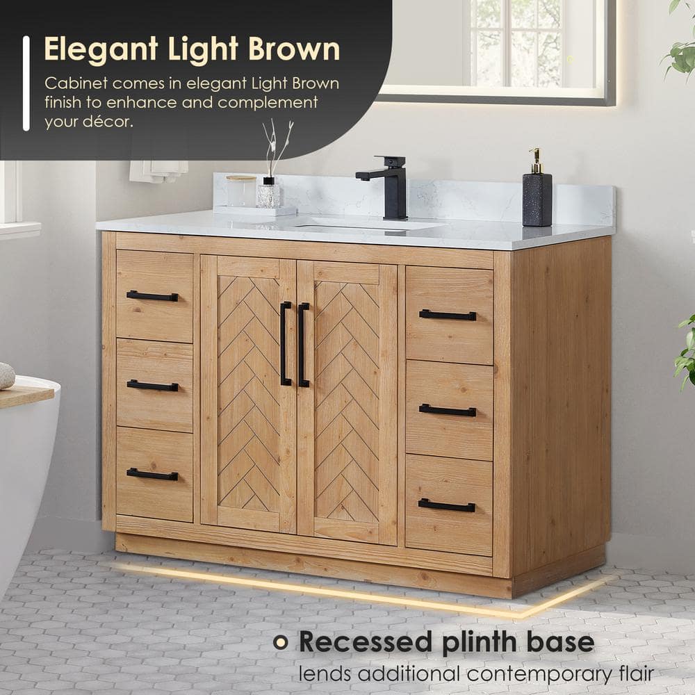 Anais Light Brown Wood Bathroom Vanity with White Stone Countertop, 48 inch