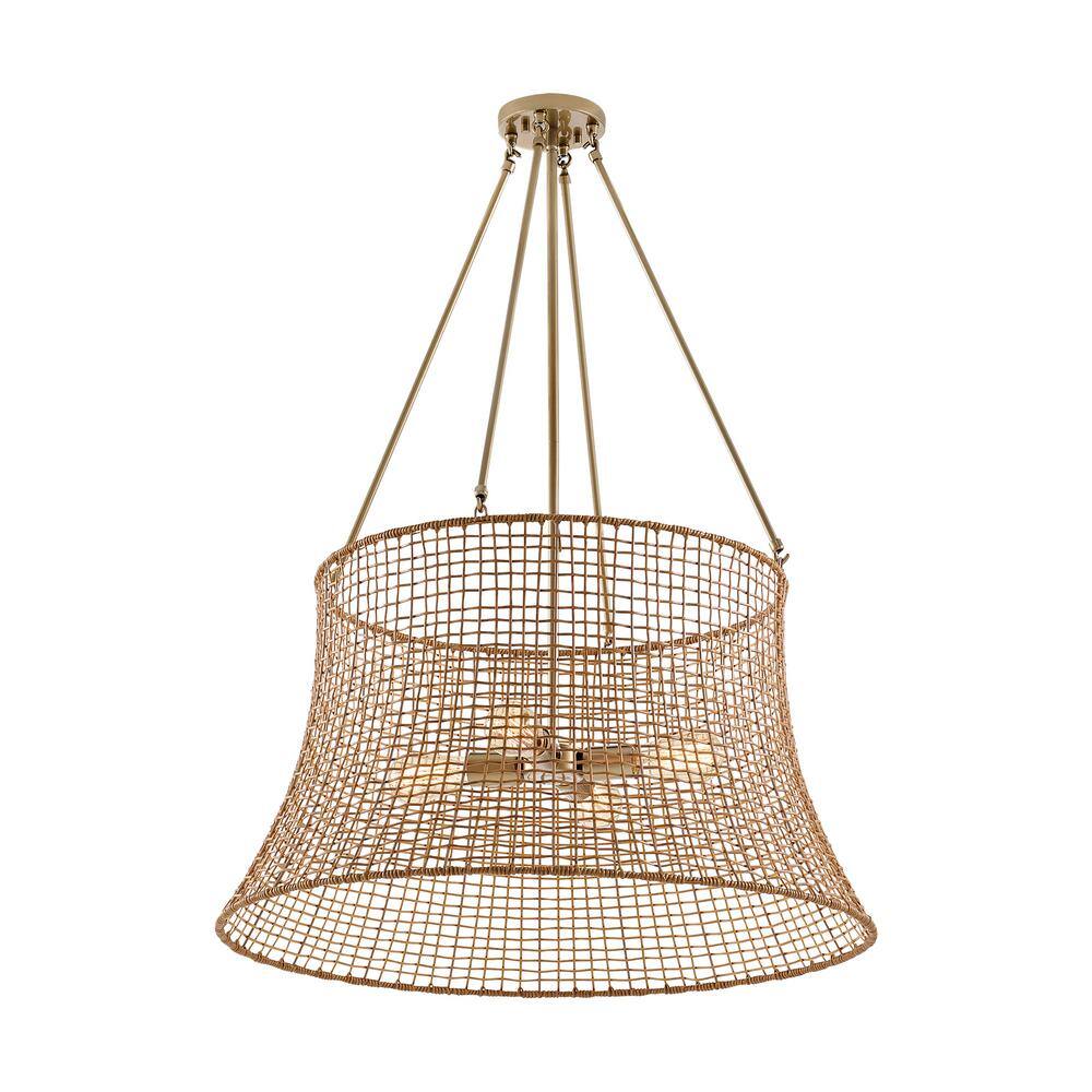 Burnished Brass and Rattan Resin 4-Light Outdoor Chandelier