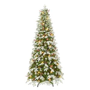 7.5 ft. Pre-Lit Slim Glittery PE/PVC Artificial Christmas Tree with Pine Cones and Berries 450 UL Clear Lights