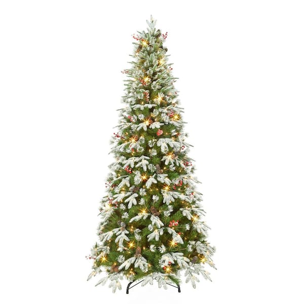 Puleo International 7.5 ft. Pre-Lit Slim Glittery PE/PVC Artificial Christmas Tree with Pine Cones and Berries 450 UL Clear Lights