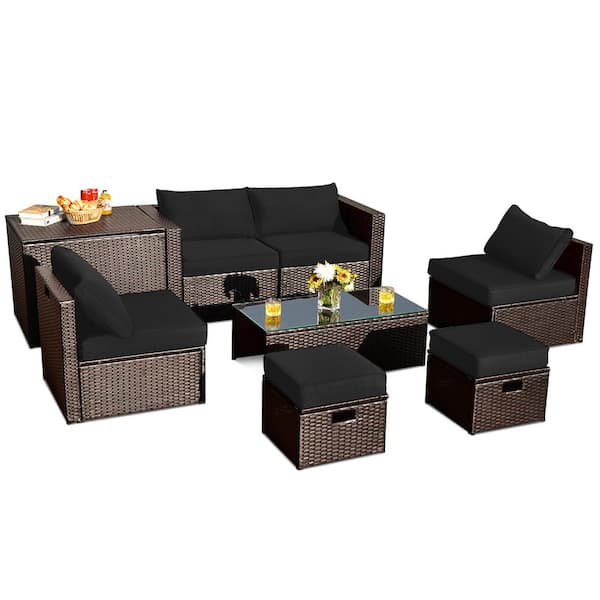 Gymax 8-Piece Patio Rattan PE Wicker Conversation Set All-Weather Furniture Set with Cushions Black