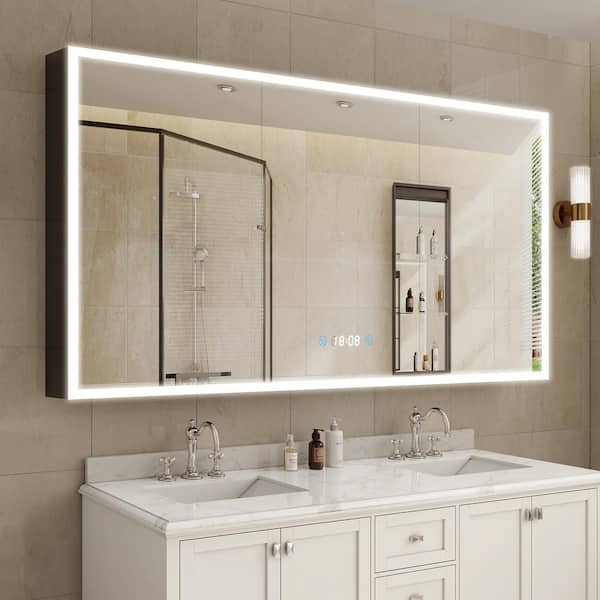 60 in. W x 36 in. H Large Black Rectangular Flowing LED Light Aluminum Surface Mount Medicine Cabinet with Mirror