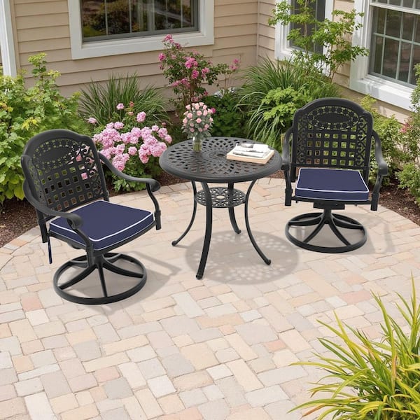 3-Piece Black Cast Aluminum Patio Outdoor Dining Set with Round Table and 2 Swivel Chairs with Blue Cushions