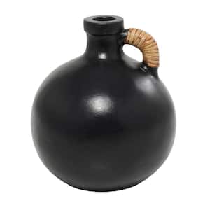 11 in. Black Jug Inspired Ceramic Decorative Vase with Rattan Wrapped Handle